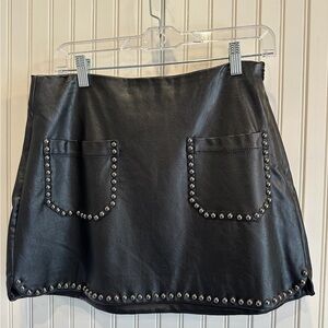 Black Faux Leather Mini Skirt with Silver Accents
